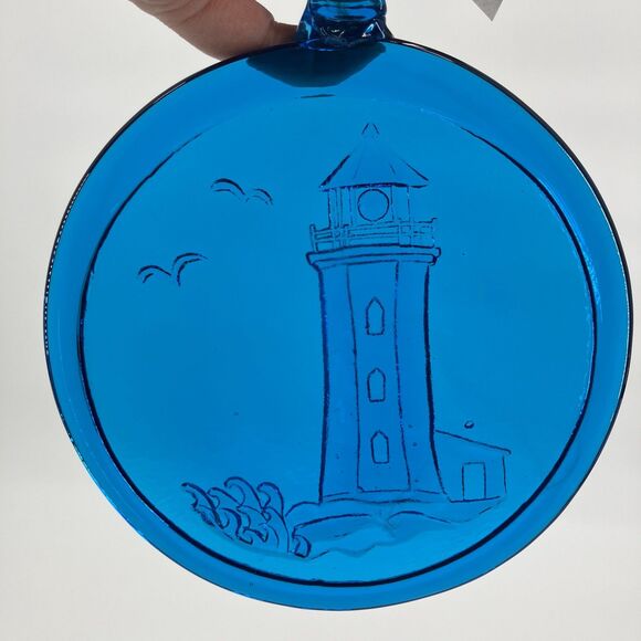 Kitras Art Glass Lighthouse scenic Blue Glass Suncatcher, 6", Window Hanging - Picture 1 of 11